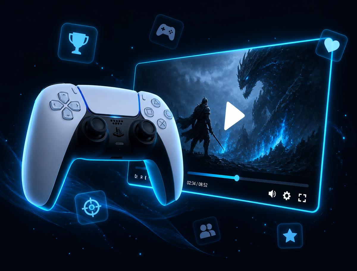Mando de videojuegos y pantalla de streaming con partículas cyan